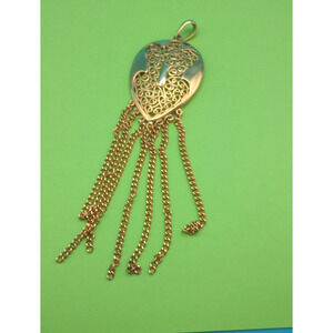 Vintage Art Nouveau Gold Tone Oval Pendant Chain Tassel Filigree